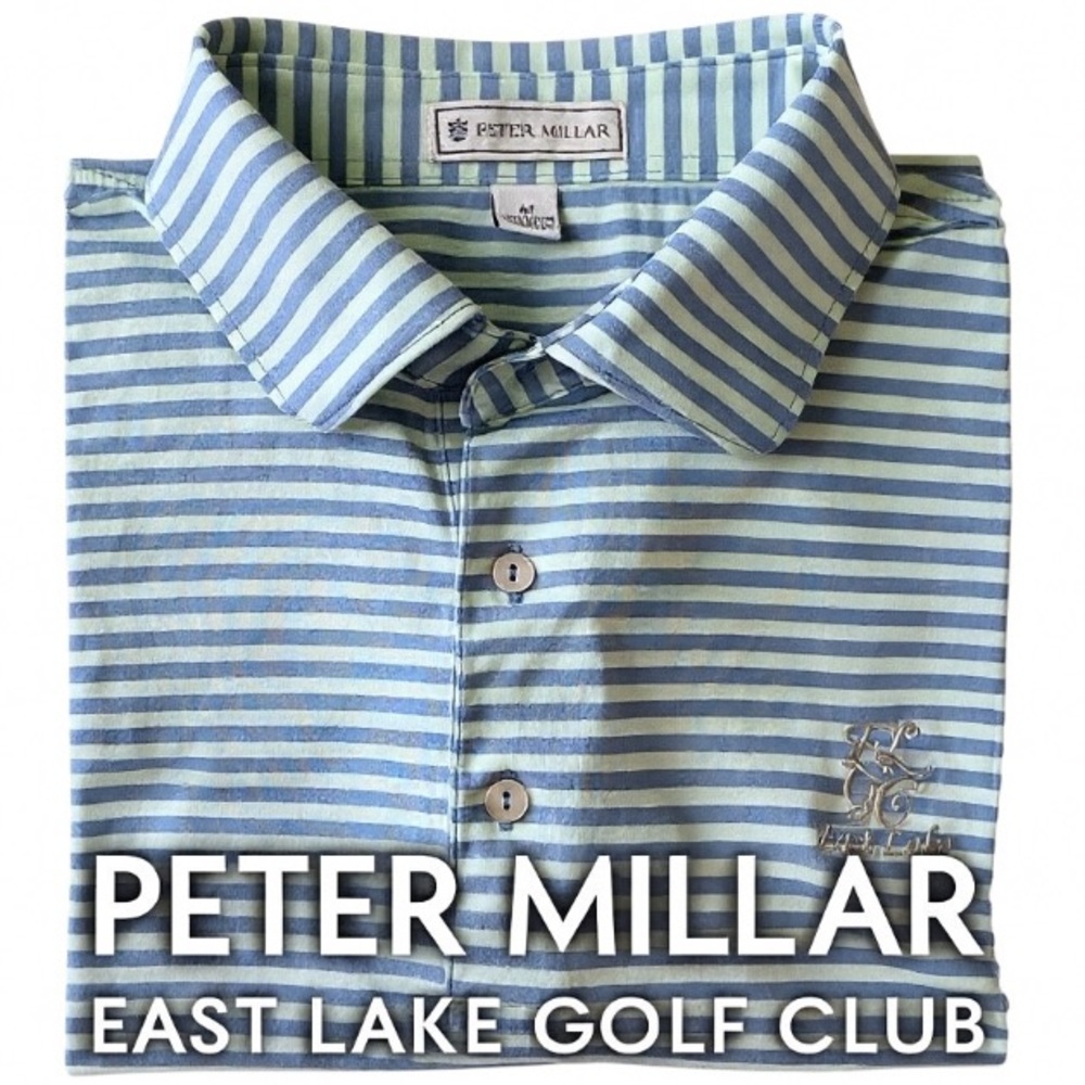 Peter Millar Blue Cream Striped Polo Shirt Medium East Lake Logo Golf